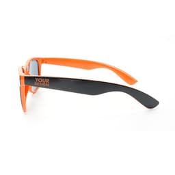 Neon orange sunglasses with black frames and a logo on the side, ideal for leisure and outdoor activities.