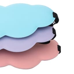A cloud-shaped eye mask in pastel blue, purple, and pink, featuring adjustable straps. It has a logo.