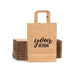 A kraft paper gift bag with handles, featuring a placeholder design on the front, set against a stack of similar bags.