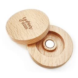 A wooden 20mm golf ball marker with a magnet, featuring a light wood finish and a logo.
