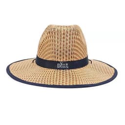 A straw cowboy sun hat in natural tones, featuring a blue band and a logo on the front.