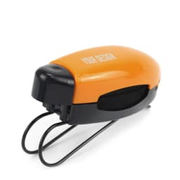 An orange and black sunglass visor clip with a logo, designed for attaching sunglasses in a car.