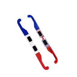 A pair of solar eclipse glasses featuring blue, white, and red colours with a logo. Suitable for outdoor use.