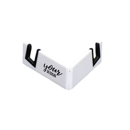 A V-shaped mobile phone holder in white with black accents, featuring a customizable design area.