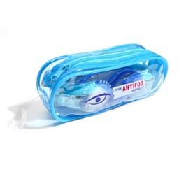 Blue kids swim goggles with a clear case, featuring a logo and designed for anti-fog use.