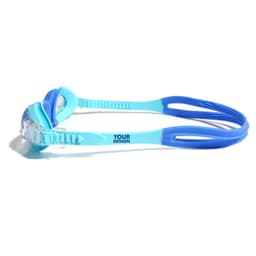 Kids swim goggles in blue and light blue, featuring a comfortable strap and an area for custom designs.