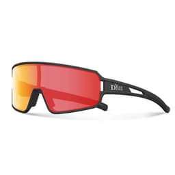 A pair of outdoor sports cycling glasses with a black frame and red gradient lenses, featuring a logo on the arm.