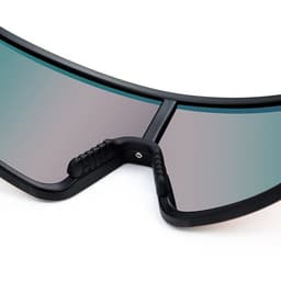 A pair of black outdoor sports cycling glasses with mirrored lenses, featuring a gripped nose bridge.