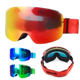 Double layer ski goggles in red with multicoloured mirrored lenses, featuring adjustable straps and a logo.