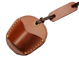 A brown leather glasses neck holder with a strap, featuring stitching and a branding logo.