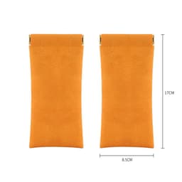 An orange soft pouch for eyeglasses, featuring a zipped closure and measuring 17 cm by 8.5 cm. It has a logo on it.