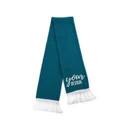 Acrylic fringe tassel scarf in teal with white tassels at the ends and a branding area for custom design.