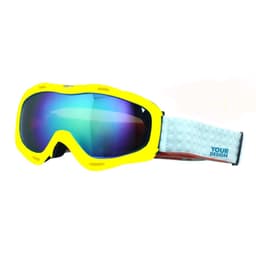 A pair of double layer ski goggles featuring a bright yellow frame and mirrored lenses with a white strap.