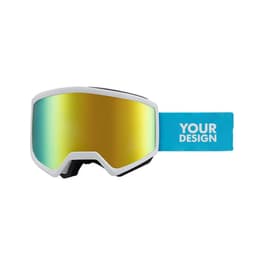 Double layer ski goggles with a white frame, mirrored gold lens, and a turquoise strap featuring a logo.
