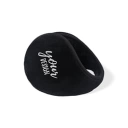 A pair of black unisex winter earmuffs with a logo, featuring a soft, plush design.