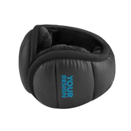 A black foldable down ear warmer with a soft lining and a logo on one side.