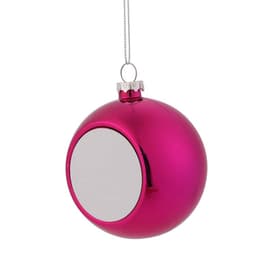 A shiny magenta Christmas ball ornament with a reflective surface and a silver cap for hanging.