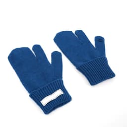 Wool knitted three-finger gloves in blue, featuring a ribbed cuff and a branding label.