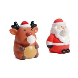A brown reindeer with a red Santa hat and a Santa figure in red and white, both are stress toys with white bubbles.