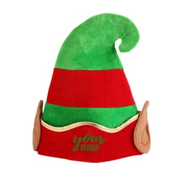 A red and green felt elf hat featuring a pointed tip and decorative ear details. It includes space for custom design.