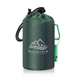 A green portable emergency sleeping bag with a drawstring closure and a metal clip, featuring a logo.