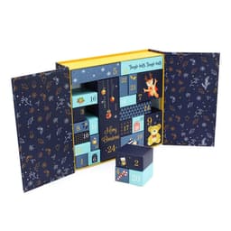 A reusable Advent calendar with a navy blue design, featuring various festive illustrations and compartments for each day.