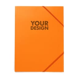 An orange folder with an elastic band, featuring a logo and a customizable design area.