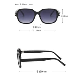 Black custom printed sunglasses with a dark gradient lens, featuring measurements for fit and a logo on the side.