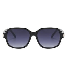 A pair of black custom printed sunglasses with gradient lenses and a logo on the temple.