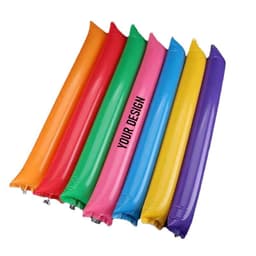 Inflatable cheering sticks in orange, green, pink, yellow, and purple, featuring a logo area for custom designs.