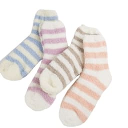 Three pairs of coral velvet floor socks in blue, pink, and beige stripes, all featuring a soft textured design.
