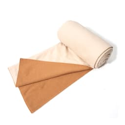 A rolled double-sided scarf featuring beige on one side and warm brown on the other, with a subtle texture.