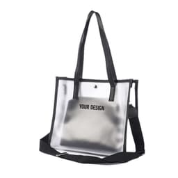A clear bag with inner pouch, featuring black handles and an adjustable strap. Includes a brand logo.