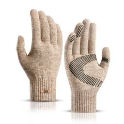 A pair of beige knitted gloves with a grip design on the palms and a tag featuring a logo.