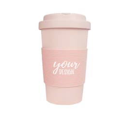 A 12 oz. light pink wheat straw coffee mug with a textured sleeve and a lid, featuring a logo.