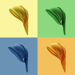 Four extra long dwarf hats in yellow, green, blue, and orange against pastel backgrounds. Each hat is distinct and colourful.