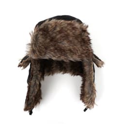 A waterproof trapper hat in black with brown faux fur lining. Features earflaps and a branding logo.
