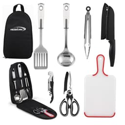 A camping cooking utensils set featuring stainless steel tools, including a spatula, ladle, tongs, knives, and a chopping board.