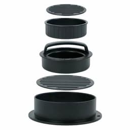 A black round burger patty maker with multiple detachable components for shaping and grilling patties.