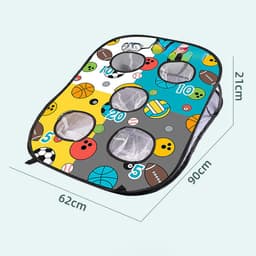 A portable cornhole game set featuring a multi-coloured design with five open holes for scoring.
