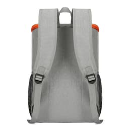 A grey insulated backpack featuring orange accents, adjustable straps, and side mesh pockets. It has a logo.