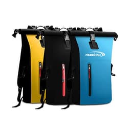 Three waterproof roll top bags in yellow, black, and blue, each featuring a zippered pocket and a logo.