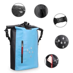 A waterproof roll top bag in blue and black, featuring a zippered pocket and adjustable straps, with a logo.