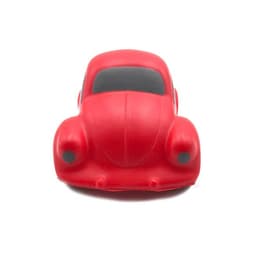A red PU foam stress toy shaped like a classic car, featuring black windows and smooth contours.