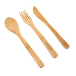 A bamboo cutlery set featuring a spoon, fork, and knife, all in natural bamboo colour with a logo.