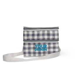 A grey and white checkered thermal insulated lunch bag with a strap and two compartments. It features a custom design area.