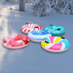A collection of five colourful PVC inflatable snow tubes in red, blue, and multi-colour designs, set on a snowy background.