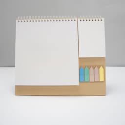 A multifunctional pocket desk calendar with a light brown base and colourful sticky notes in pastel shades.