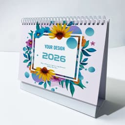 A desk flip calendar featuring a floral design with vibrant colours, displaying the year 2026. It has a metal spiral binding.