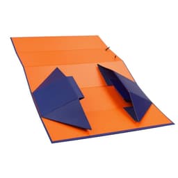 A foldable wine gift box in vibrant orange and blue, featuring a sleek design and a logo.